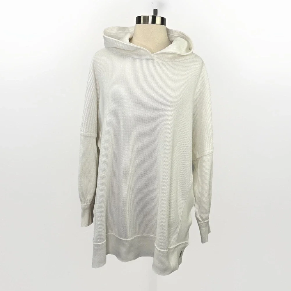 Free People Movement White Thermal Waffle Knit Hoodie Sz M Athleisure Beach - Picture 1 of 10
